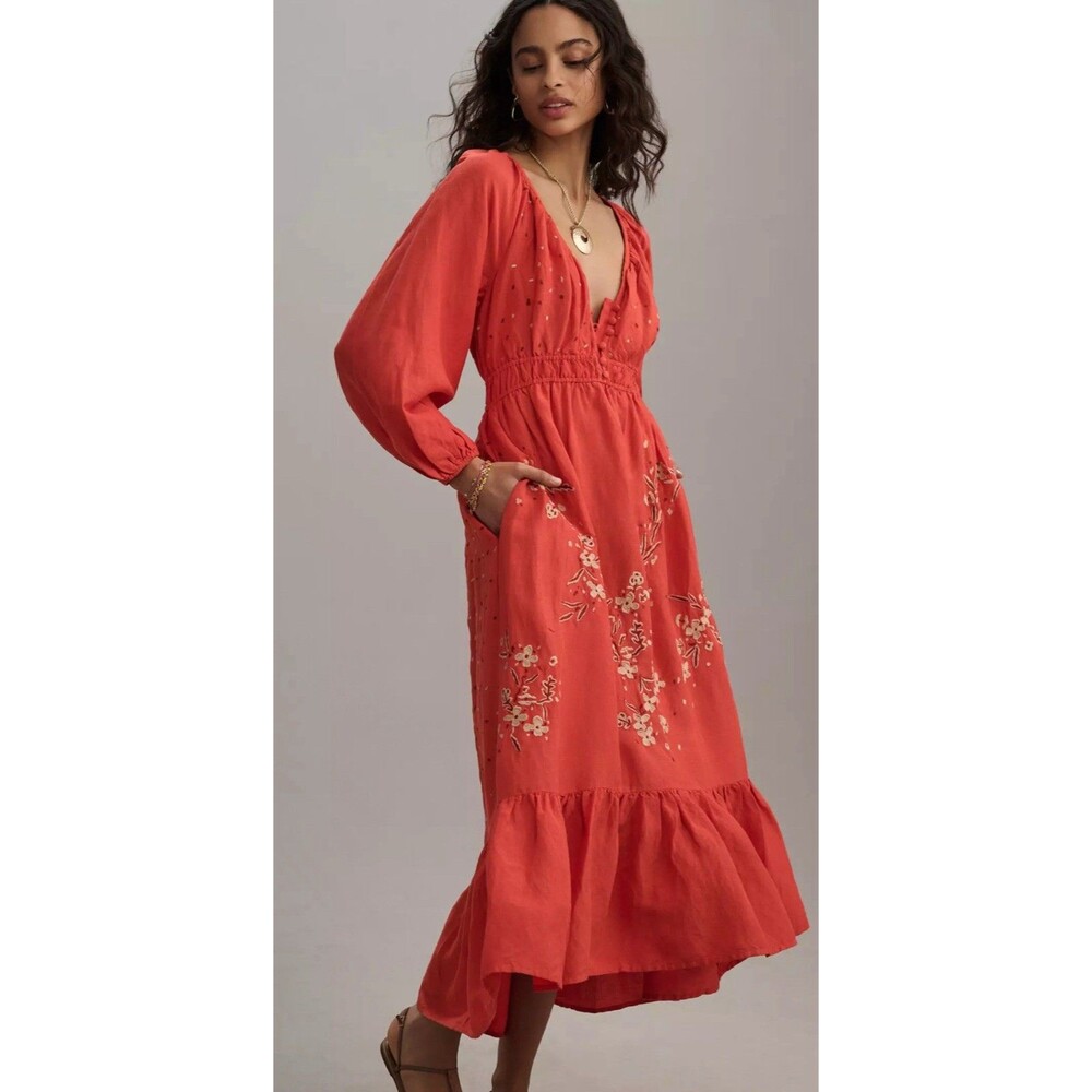 Anthropologie Coral Red Embroidered Maxi Dress - Picture 1 of 14